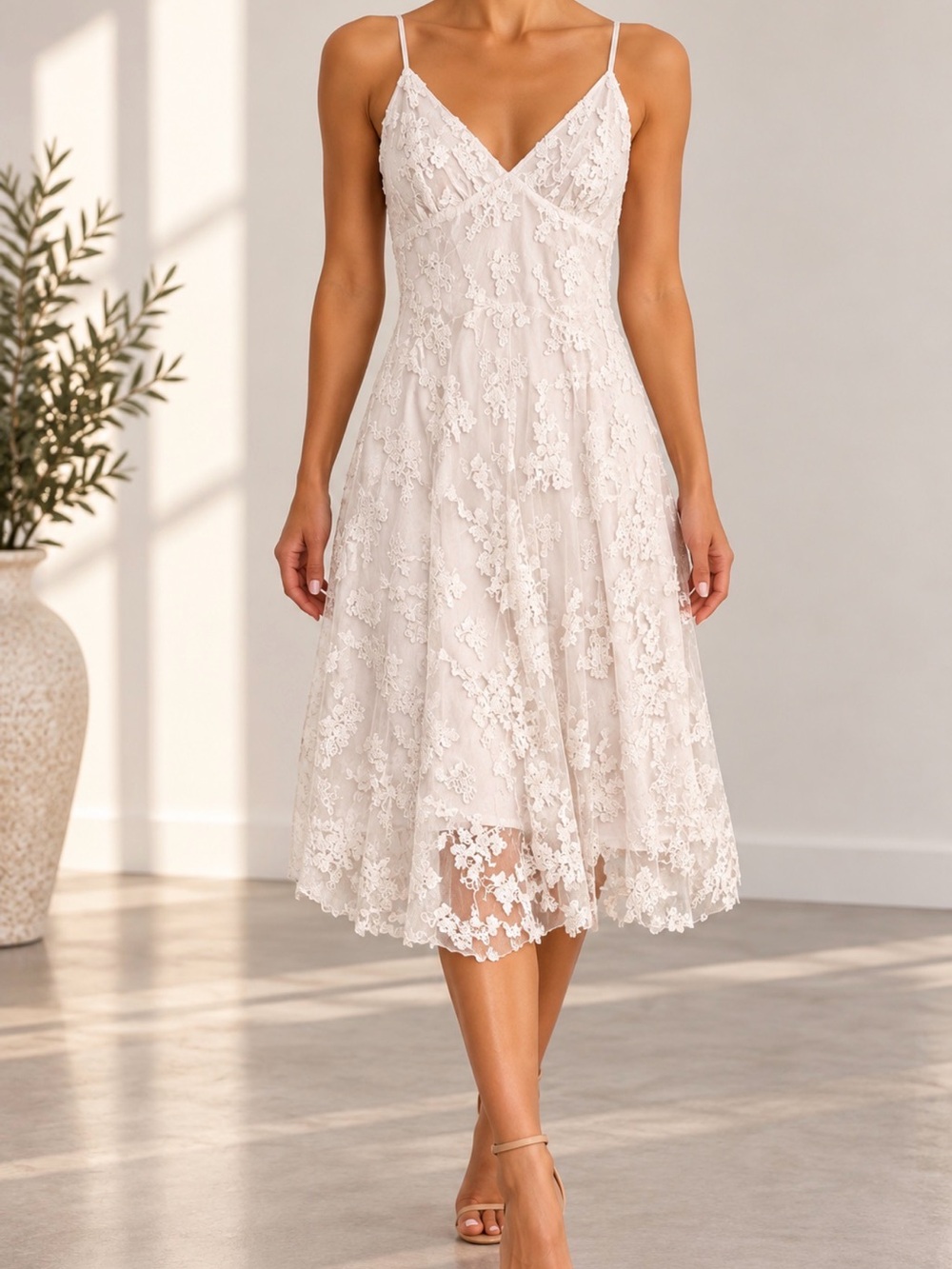 Storia Cream Lace Midi Slip Dress with V-Neck and Spaghetti Straps